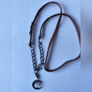 Brown Leather Chain Necklace with Crescent Moon
